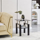 2-Piece Tempered Black Glass Sofa Table, Black Noghtstand with Metal Leg for Living Room W1718127063