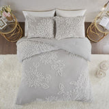 3 Piece Tufted Cotton Chenille Floral Comforter Set Warm Grey/White King/Cal King B035128914