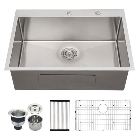 ZUN Stainless Steel 30 in 2-Hole Single Bowl Drop-In Kitchen Sink with Bottom Grid and Basket Strainer JYSDS3011BN