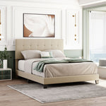 ZUN Upholstered Platform Bed with Tufted Headboard, Box Spring Needed, Beige Linen Fabric, Queen Size WF280787AAA