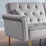 GREY Velvet Tufted Sofa Couch with 2 Pillows and Nailhead Trim W588P153426