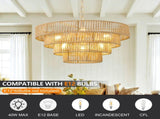 19.69" Tiered Glass Chandelier, 6-Light B12 Socket Pendant Light, Gold Metal Frame, Adjustable W6558P574496