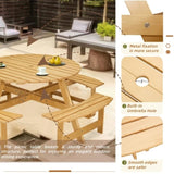 ZUN Outdoor 8 Person Picnic Table, 8 person Round Picnic Table with 4 Built-in Benches, Umbrella Hole, W2275P149764