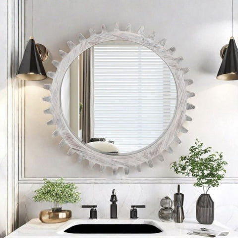 ZUN Vintage 42'' x 42'' Wood Round Hanging Gear Shape Heavy Decorative Mirror For Bathroom Living Room W1445P171996