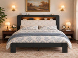 Queen Platform Bed Frame, Black Wood Look Frame with Soft Velvet , Sturdy Wood Slat Support System, W636P557221