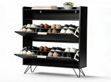 Shoe cabinet with slatted front panel and side panels, two compartments with top flip-up lids, two 63458955
