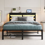 Full Size Metal Bed Frame with Wooden Headboard, RGB Lights, Outlets & Charger, Storage Shelf, W840P209906