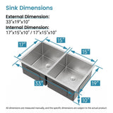 33"x19" Embedded Double Bowl Kitchen Sink, Undermount Handmade Sink in Brushed T3177P296196
