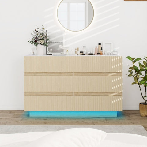 ZUN Fluted 6 Drawers Dresser ,Double Dresser Chest of Drawers, 47.24" Modern Chest of Drawers with LED W688P194155