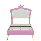 Twin Size Upholstered Bed Frame with LED Lights, Modern Upholstered Princess Bed with Crown W2770P190377