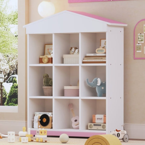 ZUN House-shaped Storage Rack with Nine Storage Compartments, Three-layer Storage Shelf with Colorblock N733P187499H