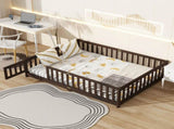 Full Size Floor Bed with Fence and Door,Rubber Wood Floor Bed with Safety Guardrails,Espresso W504P429302