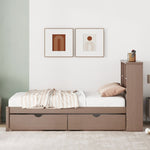 ZUN Modern Twin Size Bed Frame With Built-in USB Port on Bookcase Headboard and 2 Drawers for Walnut 68014174