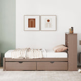 Modern Twin Size Bed Frame With Built-in USB Port on Bookcase Headboard and 2 Drawers for Walnut W697P152020