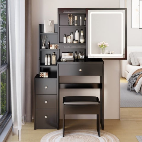 ZUN Small Space Left Bedside Cabinet Vanity Table + Cushioned Stool, Extra Large Touch Control Sliding W936P172484