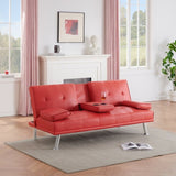 ZUN 67" Red Leather Multifunctional Double Folding Sofa Bed for Office with Coffee Table W165880941