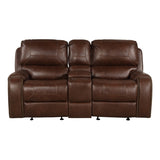 Achern Brown Leather-Air Nailhead Manual Reclining Loveseat with Storage Console T2574P198805