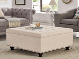 Large square storage ottoman with wooden legs, Upholstered button tufted coffee table with nail W2186142955