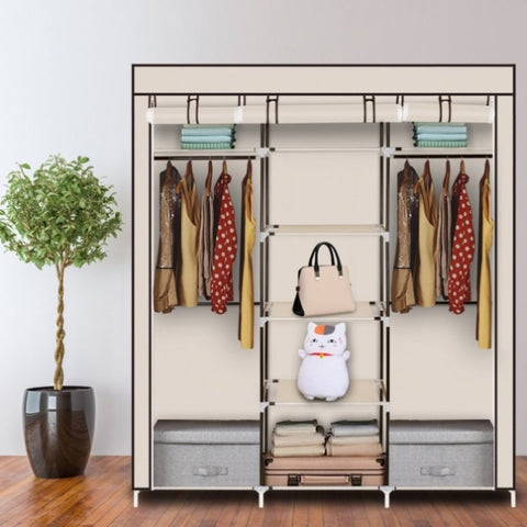 ZUN 69" Portable Clothes Closet Non-Woven Fabric Wardrobe Double Rod Storage Organizer Beige 11782049