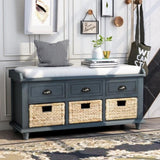 ZUN TREXM Rustic Storage Bench with 3 Drawers and 3 Rattan Baskets, Shoe Bench for Living Room, Entryway WF195161AAM