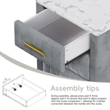 Upholstered Wooden Nightstand with 3 Drawers and Metal Legs&Handles, Bedside Table with Marbling N733P208520E