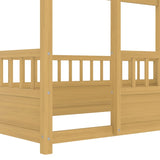 Twin Size Floor Wooden Bed with House Roof Frame, Fence Guardrails, W1858P310084