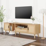 ZUN Rattan TV Stand with 2 Cabinets & 2 Open Shelves, Rattan-inspired Media Console Table for TVs up to WF324250AAP