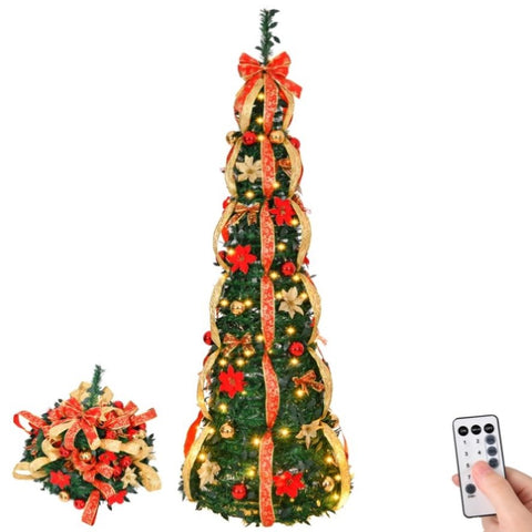 6 FT Fully Decorated Pre-lit Christmas Tree, Pop Up Artificial Xmas Tree with 150 Warm Lights 99978008