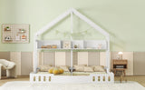 Wood Twin Size House Platform Beds,Two Shared Beds with Shelves and Guardrail, Creamy White WF310564AAA