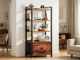 5 Tier Bookshelf 55"x15" Bookcase with Fabric Drawer Open Storage Shelves Free Standing Wooden 18357070