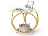Modern 2-Tier Side Table with Tempered Glass Top & Faux Marble Base, Gold & White Round End Table 39598024