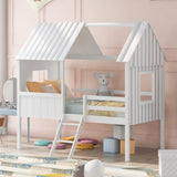 Twin Size Low Loft Wood House Bed with Two Side Windows 85997368