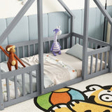 Twin Wood House-Shaped Floor Bed with Fence, Guardrails ,Grey W504P143289