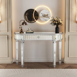 47" Half-Moon Mirrored Console Table with Fluted Glass & Crystal Knob Drawer - Silver Entryway W1445P322849
