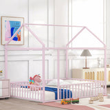 Full Size Metal Bed House Bed Frame with Fence, for Kids, Teens, Girls, Boys,Pink MF304787AAH