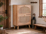 Two-Tier Shoe Cabinet with Tilt-Out Compartments and Arched Rattan-Front Doors on High Legs 37169134