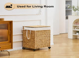 100L 2-Section Laundry with Lid and Wheels, Woven Natural Water Hyacinth Rolling Laundry 17904538