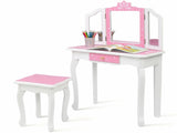Children's Wooden Dressing Table Three-Sided Folding Mirror Dressing Table Chair Single Drawer Blue 21682887
