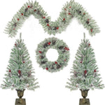 ZUN Pre-lit Xmas Tree Artificial Christmas 4-Piece Set,Garland, Wreath and Set of 2 Entrance Trees X-mas 90795764