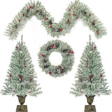 ZUN Pre-lit Xmas Tree Artificial Christmas 4-Piece Set,Garland, Wreath and Set of 2 Entrance Trees X-mas 90795764