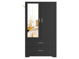 Black Wardrobe Closet with Mirror Door, 2 Doors & 2 Drawers Storage Cabinet with LED Sensor Light, 59491281