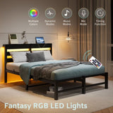 Full Size Metal Bed Frame with Wooden Headboard, RGB Lights, Outlets & Charger, Storage Shelf, W840P209906