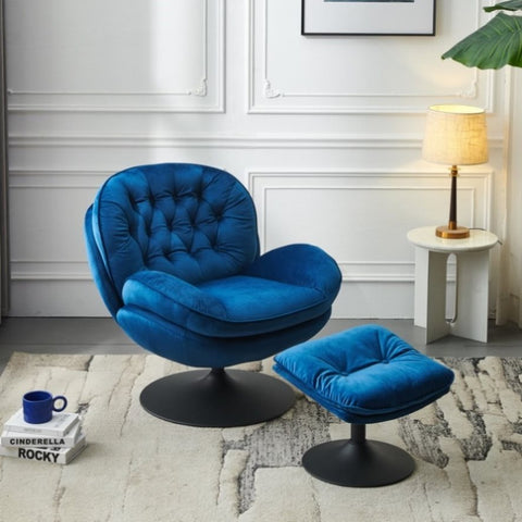 ZUN Swivel Leisure chair lounge chair velvet blue color with ottoman W1805103939