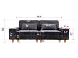 Black Deep Seat Corduroy Loveseat with Brushed Stainless Steel Cup Holders and 2 Decorative Pillows, 48566915