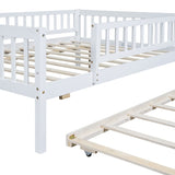Full Size Wood Daybed with Trundle and Fence Guardrails, White WF301863AAK