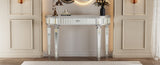 47" Half-Moon Mirrored Console Table with Fluted Glass & Crystal Knob Drawer - Silver Entryway W1445P322849