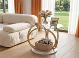 Modern 2-Tier Side Table with Tempered Glass Top & Faux Marble Base, Gold & White Round End Table 39598024