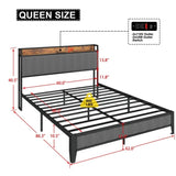 ZUN Queen Size Bed Frame with Charging Station, Upholstered Headboard, Metal Platform, Grey W1960131346