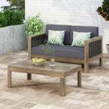 ZUN Outdoor Acacia Wood and Wicker Loveseat and Coffee Table Set with Cushions, + Mixed + Dark 70141.00DGRY