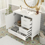 36" White Bathroom Vanity with Solid Pine Frame, 1 Soft Close Door and 3 Drawers , Modern Storage N729P211167K